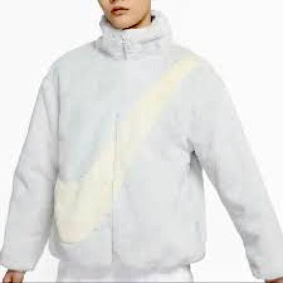 Nike Women’s Sportswear Faux Fur Zip-Up Gray and Cream Swoosh Jacket Size Large - Picture 1 of 10